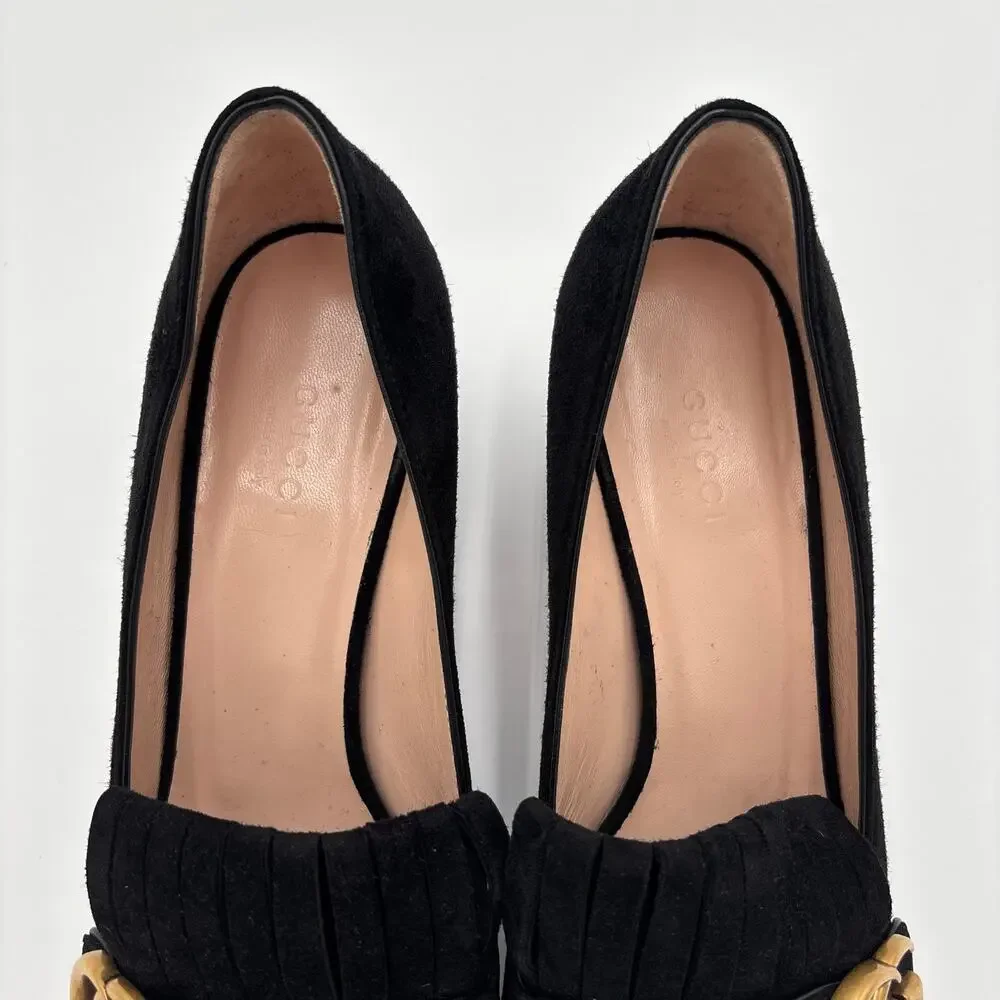 Gucci Marmont GG Fringe Kiltie Block Mid Heel Loafer Pumps Black Suede Size 37 - Picture 5 of 15